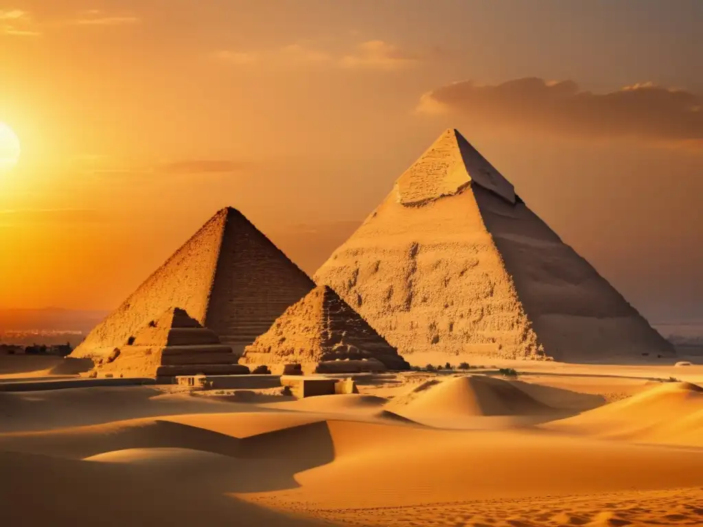 Las majestuosas pirámides de Giza bañadas en la cálida luz dorada del atardecer