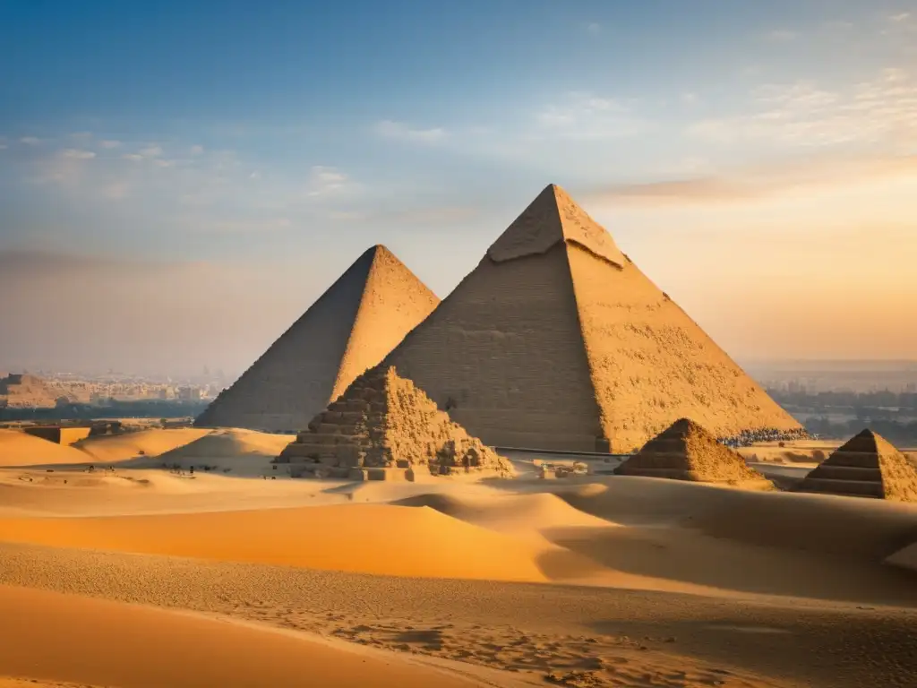 Las majestuosas pirámides de Giza se erigen imponentes bajo el cielo azul