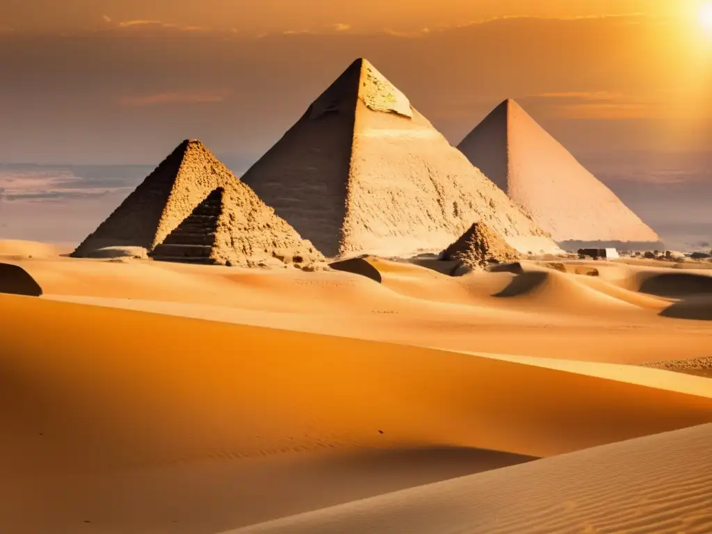 Las majestuosas pirámides de Giza emergen en el vasto desierto egipcio, iluminadas por los rayos dorados del sol poniente