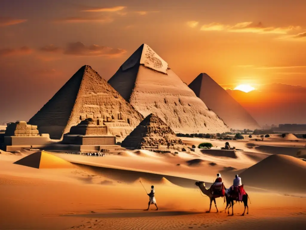Las majestuosas Pirámides de Giza se alzan contra el vibrante atardecer egipcio