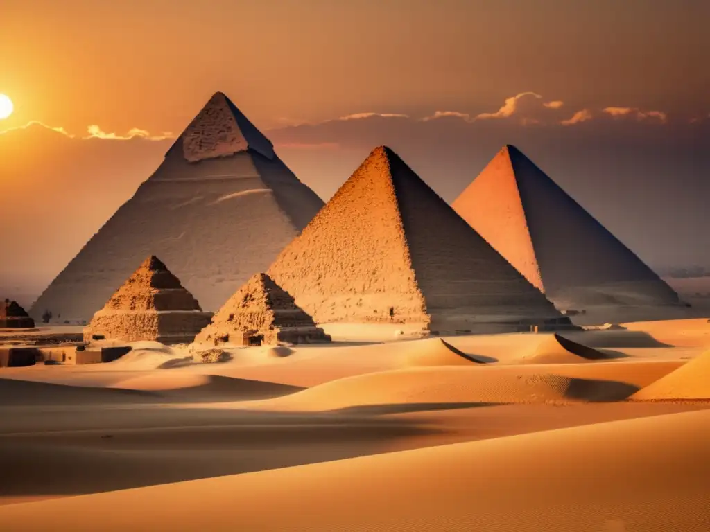 Las majestuosas pirámides de Giza se alzan bajo un vibrante atardecer en el desierto, destacando su influencia arquitectónica egipcia en el mundo