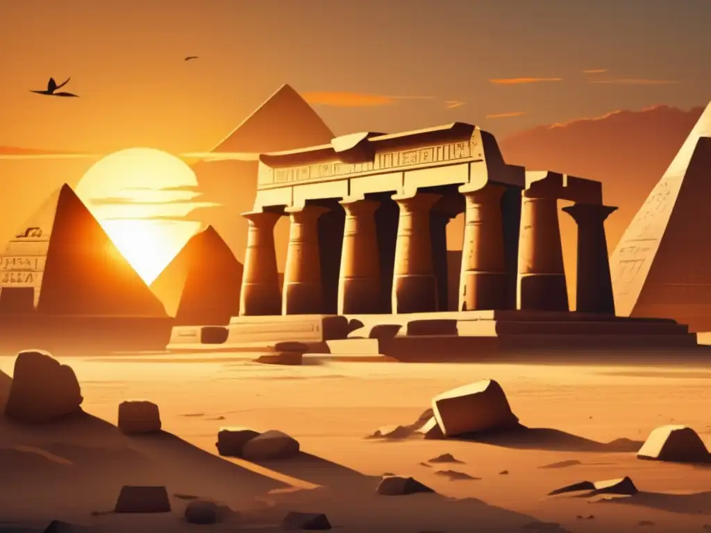 Egipto antiguo: ruinas de un templo en decadencia Majestuosas ruinas de un antiguo templo egipcio con columnas desmoronadas y jeroglíficos intrincados