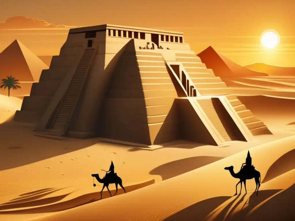 La majestuosidad del antiguo Egipto en los Himnos de Akhenatón: el templo de Amarna bañado en la cálida luz del atardecer, reflejándose en el Nilo