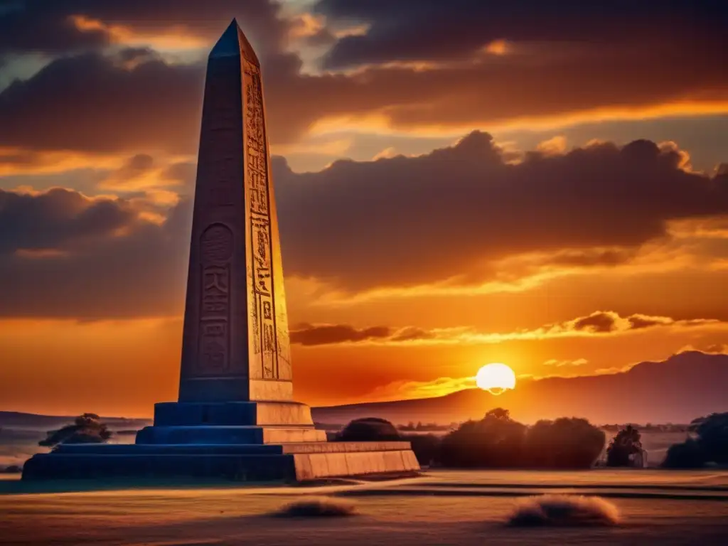 La majestuosidad de un antiguo obelisco tallado con jeroglíficos y símbolos, se muestra contra un cielo dramático al atardecer