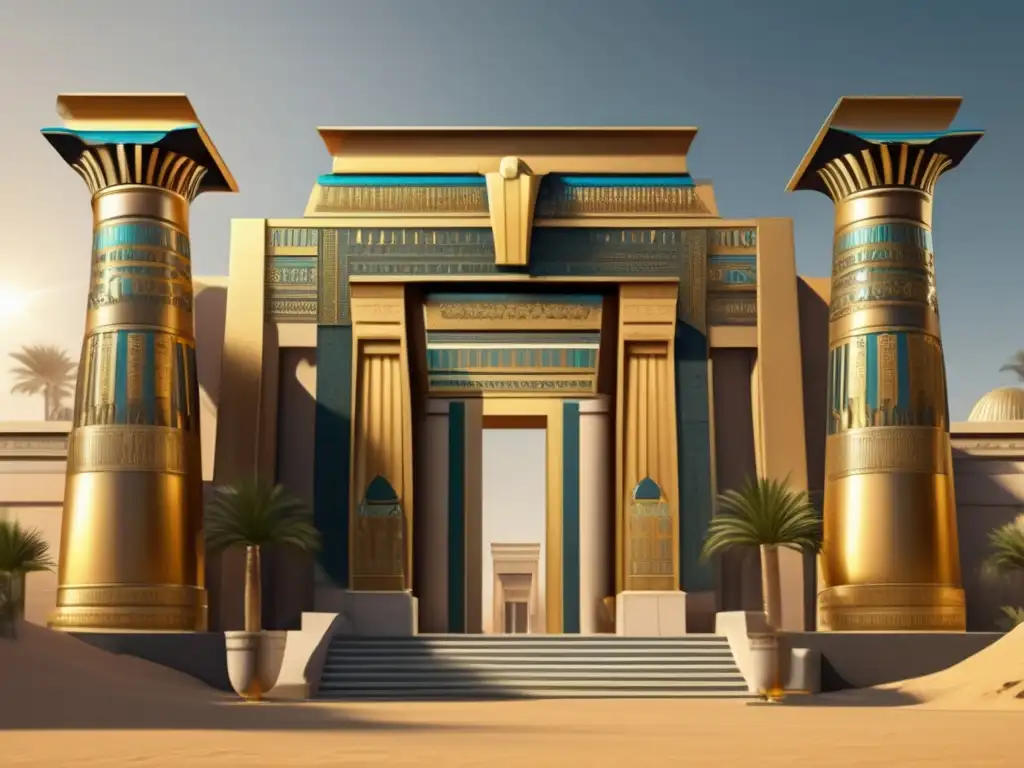 La majestuosidad del antiguo Egipto: templo egipcio adornado con metales preciosos refleja la reverencia a los dioses