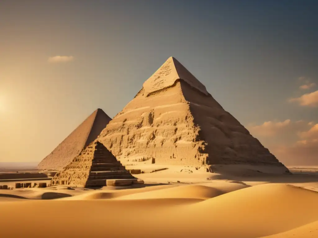 La majestuosidad de la arquitectura egipcia en proporción y simetría, donde una pirámide se yergue imponente contra el cielo azul