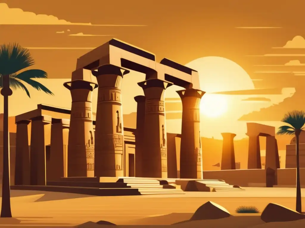 La majestuosidad de la arquitectura y decoración en Egipto se revela en el icónico Templo de Karnak al atardecer, irradiando un cálido resplandor dorado