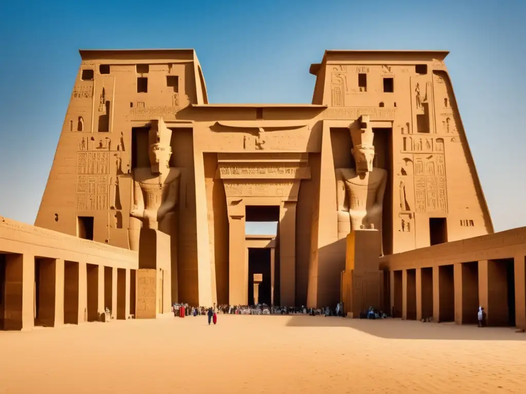 La majestuosidad de la Arquitectura del Templo de Edfu se alza contra un cielo azul