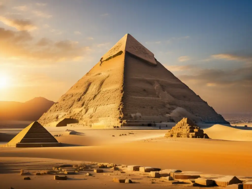 La majestuosidad atemporal de la Gran Pirámide de Giza, con sus patrones geométricos sagrados y su esplendor dorado bajo el sol