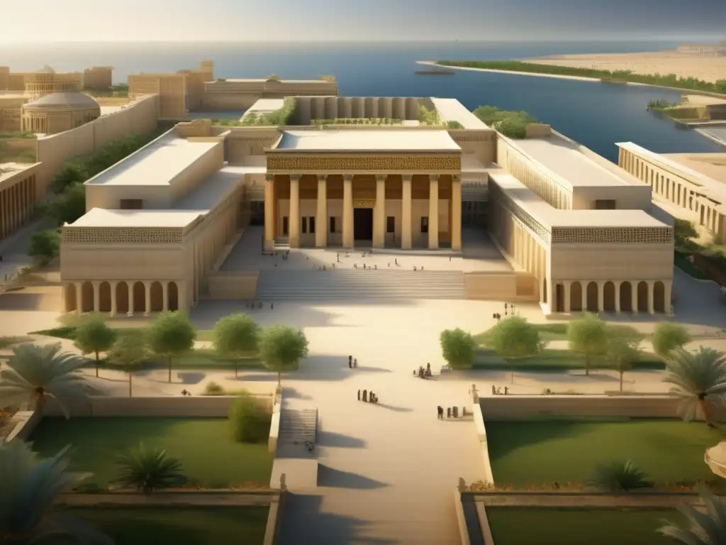 La majestuosidad de la Biblioteca de Alejandría en el Periodo Tardío, reflejando su importancia como centro de conocimiento
