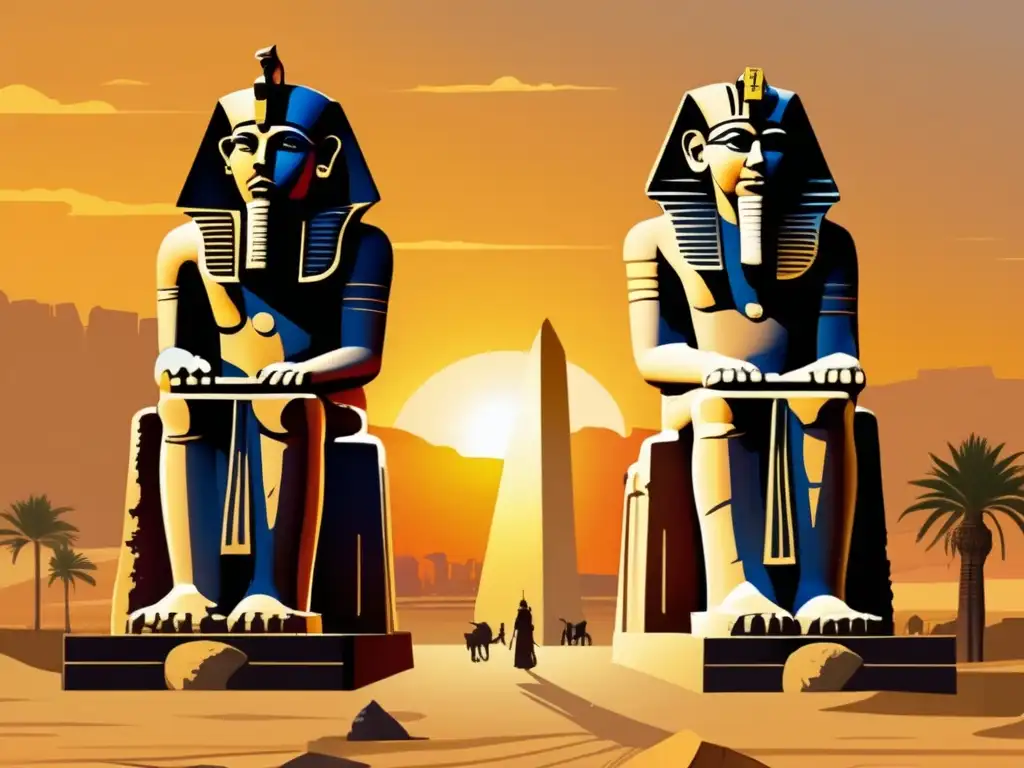 La majestuosidad de los Colosos de Memnón en el atardecer dorado de Egipto