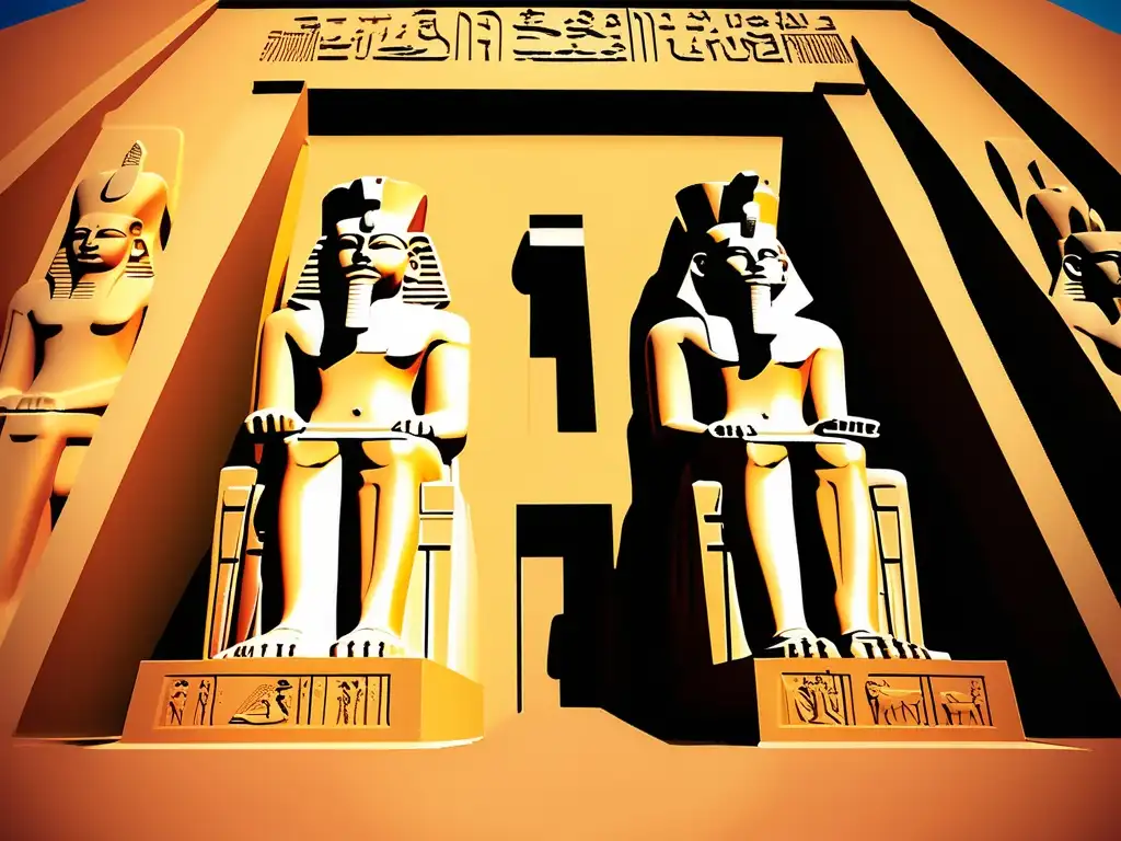La majestuosidad de los colosos Abu Simbel Ramsés II en el antiguo complejo del templo en Egipto, iluminados por los cálidos colores del atardecer