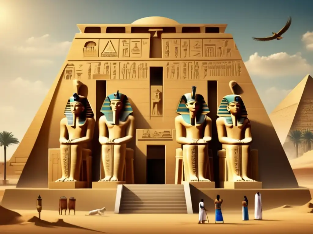 La majestuosidad y complejidad de la organización administrativa en el Antiguo Egipto se reflejan en esta imagen detallada estilo vintage