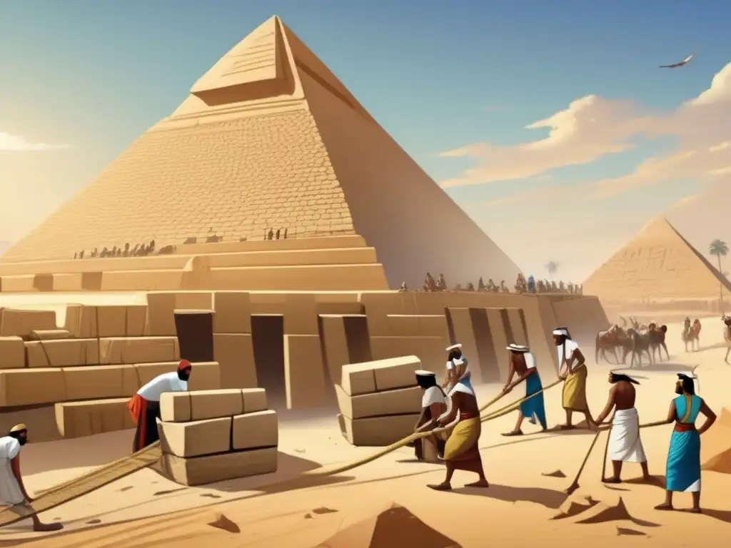La majestuosidad de la construcción egipcia se revela en esta imagen vintage que muestra el uso de rampas para mover grandes bloques de piedra