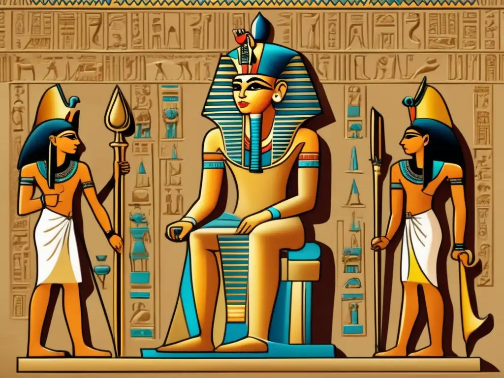 Imagen detallada: Faraón egipcio legislador y su corte discutiendo leyes en palacio La majestuosidad del faraón egipcio en su trono, rodeado de sacerdotes y escribas, discutiendo la legislación del antiguo Egipto