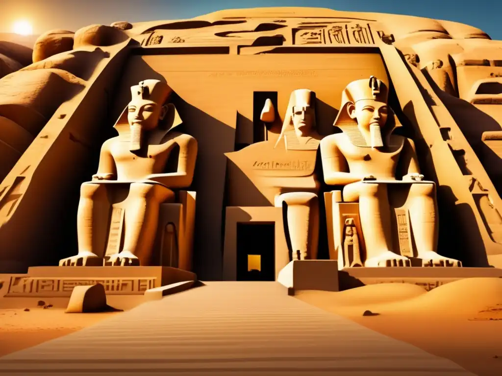 La majestuosidad faraónica de Ramsés II en el complejo del templo de Abu Simbel, bañado por el sol dorado