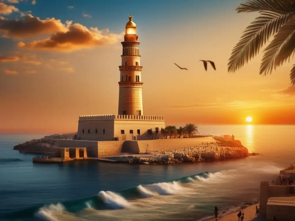 La majestuosidad del Faro de Alejandría resalta en el atardecer mediterráneo, iluminando su ingeniería brillante