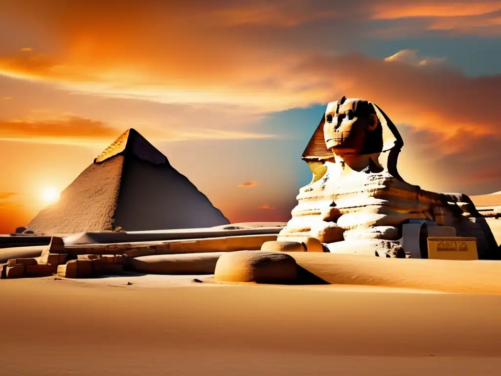 La majestuosidad de la Gran Esfinge de Giza en 8k, resaltada por un atardecer único