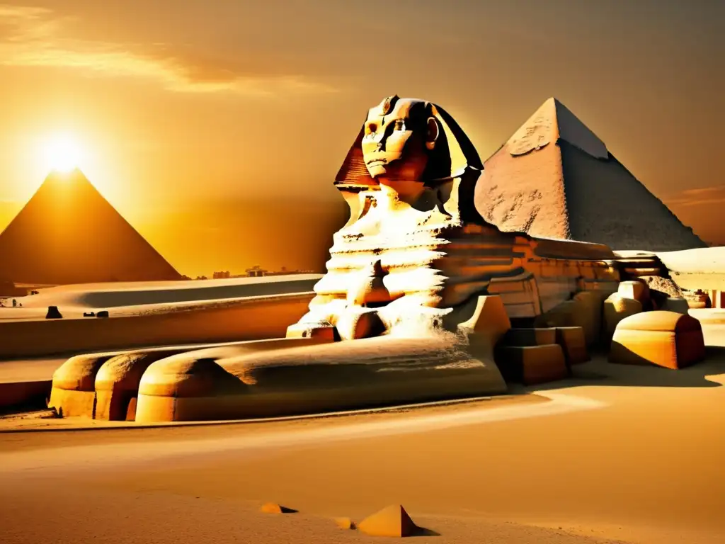 La majestuosidad de la Gran Esfinge de Giza se revela al atardecer, resaltando su significado cultural en el antiguo Egipto