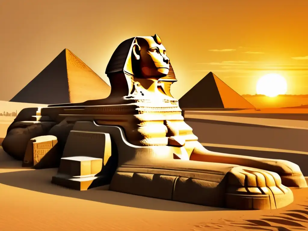 La majestuosidad del icónico Gran Esfinge de Giza se revela al atardecer, con su apariencia antigua y desgastada