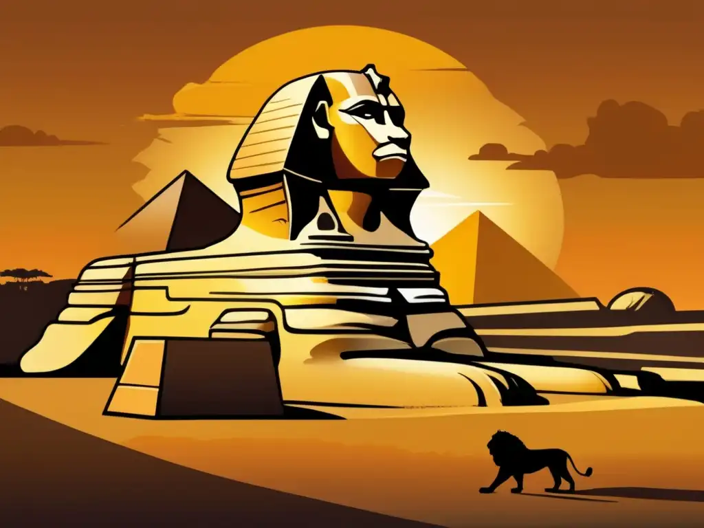 La majestuosidad del Gran Esfinge de Giza, envuelto en un atardecer dorado, revela la grandeza y misterio de los faraones del Imperio Antiguo Egipto