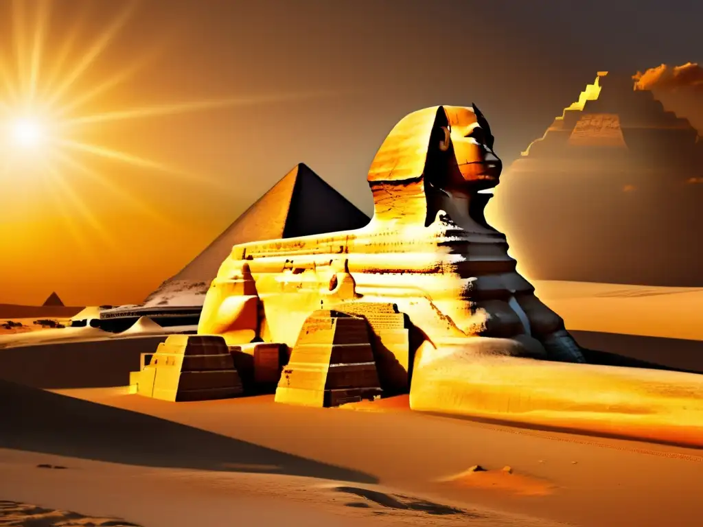 La majestuosidad del Gran Esfinge de Giza y las pirámides al atardecer