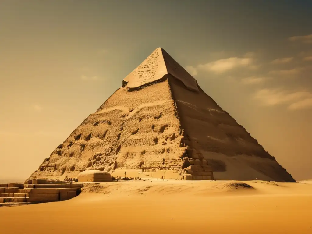 La majestuosidad de la Gran Pirámide de Giza emerge del cielo azul, mostrando la arquitectura sagrada del Antiguo Egipto