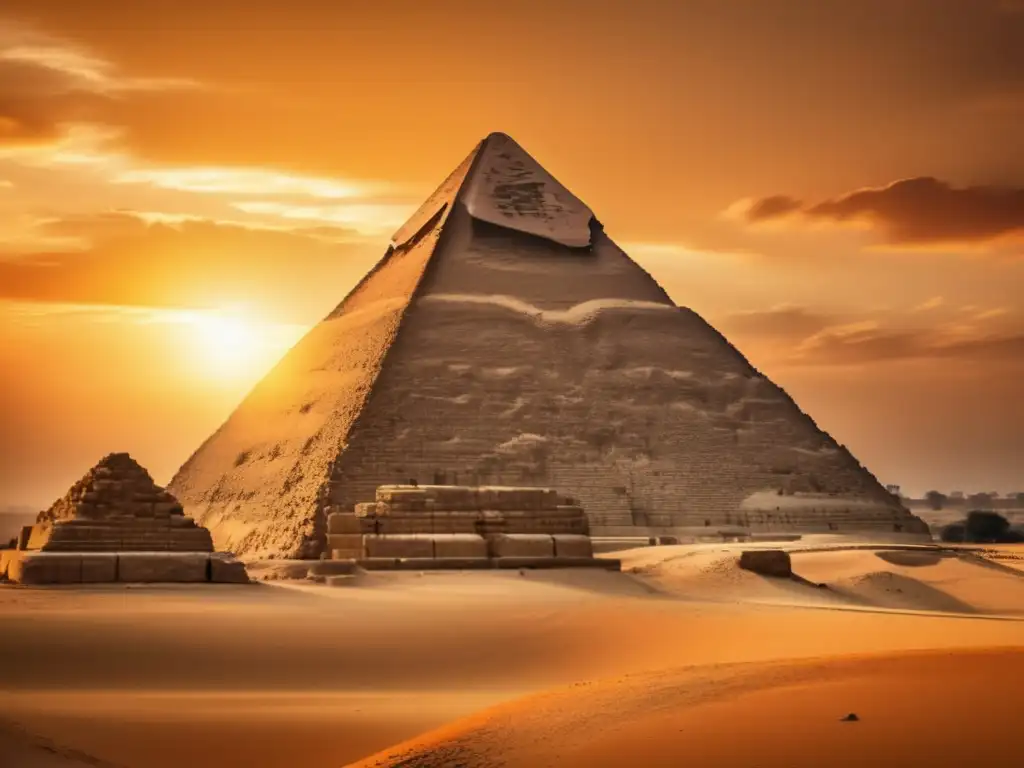 La majestuosidad de la Gran Pirámide de Giza se destaca en una cálida puesta de sol dorada