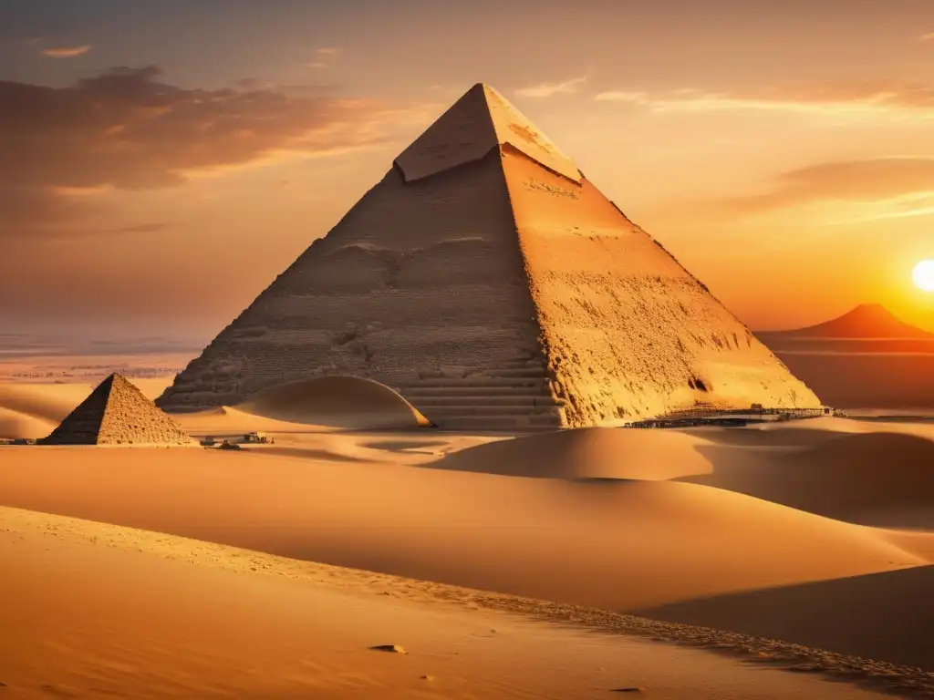 La majestuosidad de la Gran Pirámide de Giza se revela al atardecer, bañada en luz dorada