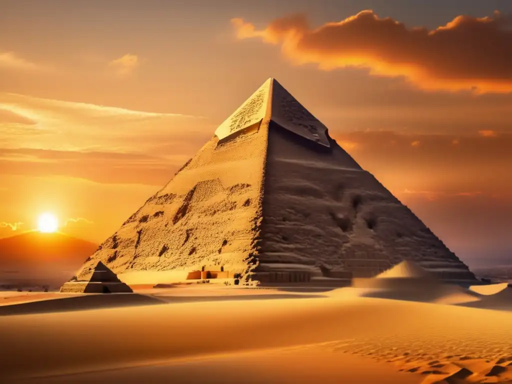 La majestuosidad de la Gran Pirámide de Giza resalta al atardecer, con su estructura geométrica y los patrones sagrados de la cultura egipcia antigua