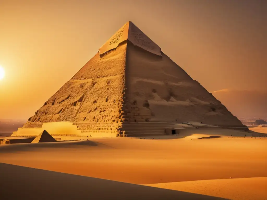 La majestuosidad de la Gran Pirámide de Giza, bañada en una cálida luz dorada, revela la importancia de la geometría en su construcción