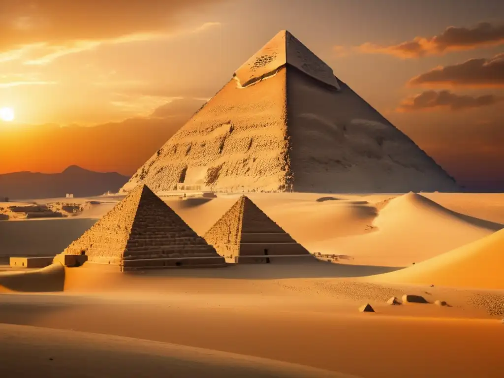 La majestuosidad de la Gran Pirámide de Giza al atardecer, revelando sus detalles arquitectónicos