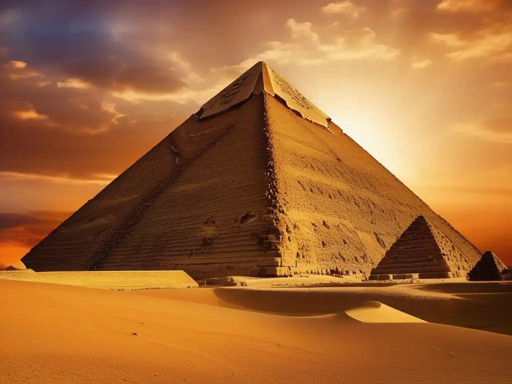 La majestuosidad de la Gran Pirámide de Giza al atardecer, resaltando su presencia imponente y los tonos vibrantes del cielo