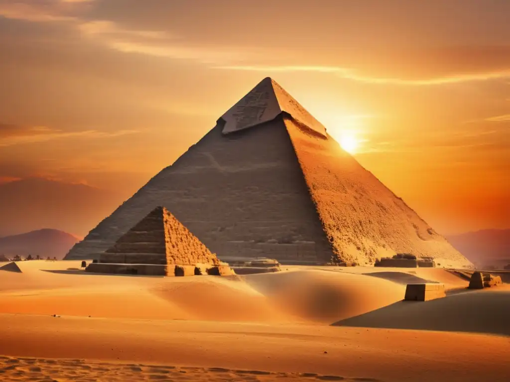 La majestuosidad de la Gran Pirámide de Giza en un atardecer hipnotizante, revela la geometría sagrada en monumentos egipcios