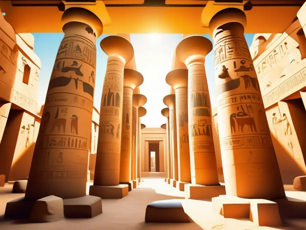 La majestuosidad de la Gran Sala Hipóstila en el Templo de Karnak, Luxor, Egipto, con sus columnas adornadas de jeroglíficos y símbolos astronómicos