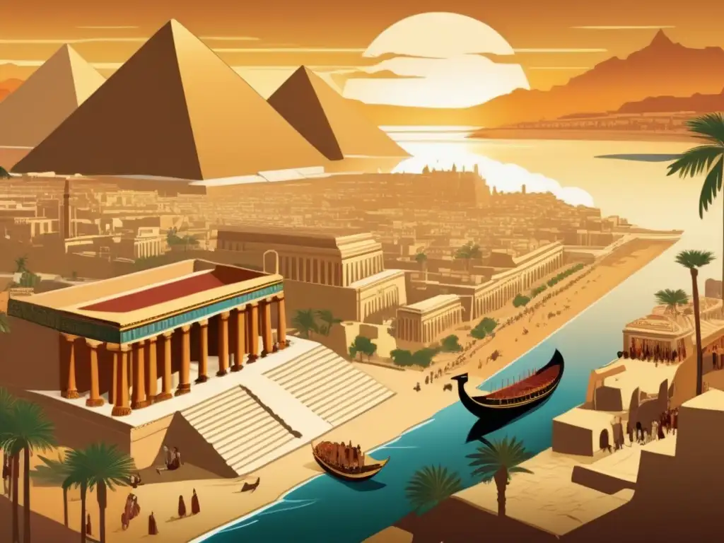 Vive la majestuosidad del Imperio Medio de Egipto en esta ilustración vintage de la ciudad bulliciosa de Tebas