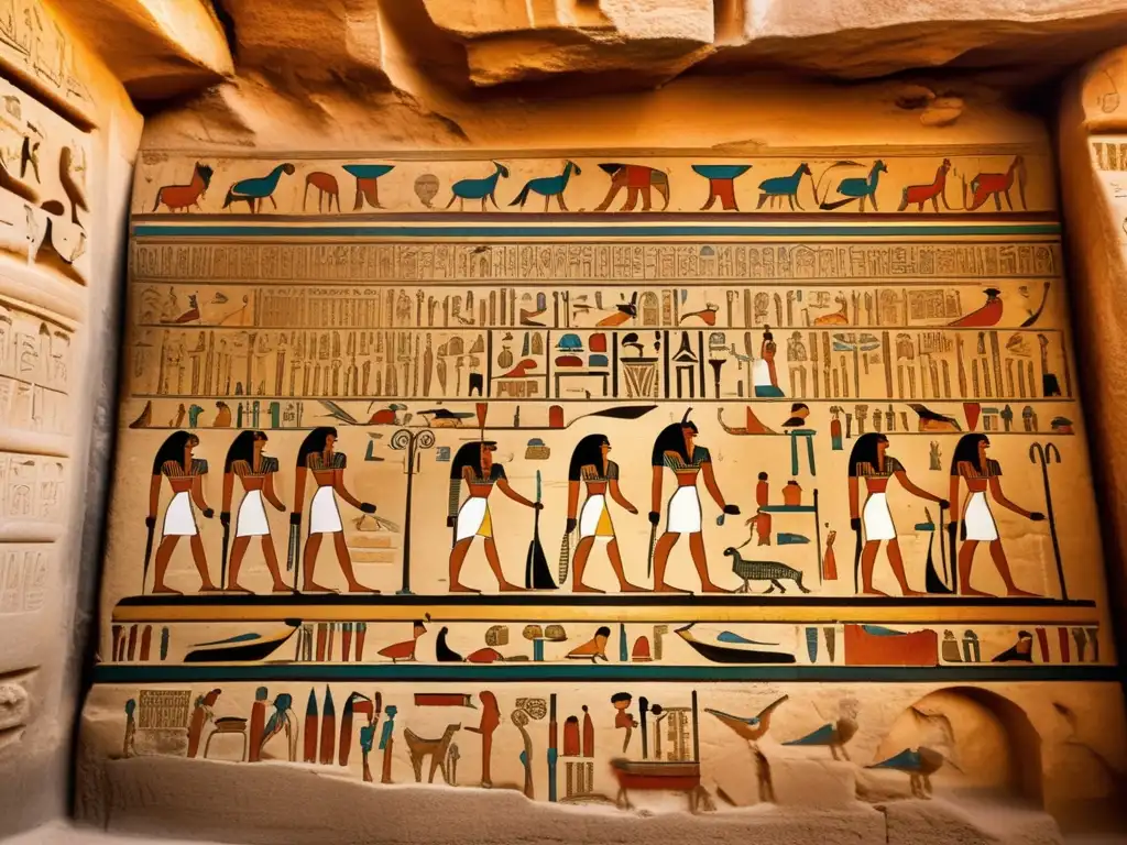 La majestuosidad de los jeroglíficos funerarios del Antiguo Egipto cobra vida en esta detallada imagen de una tumba ancestral