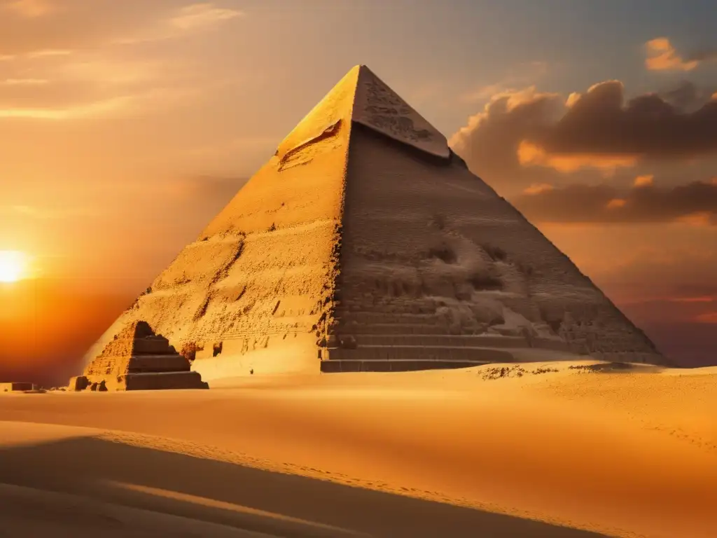 La majestuosidad del legado eterno del Imperio Antiguo se revela en la Gran Pirámide de Giza, destacando en el cielo al atardecer