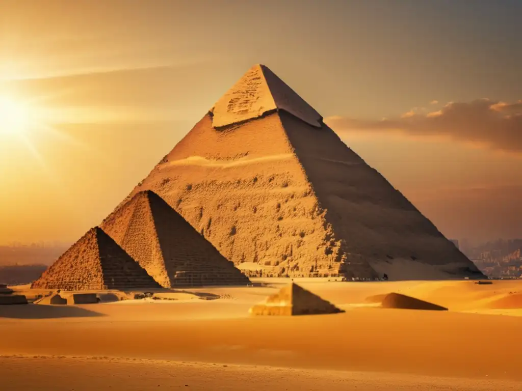 La majestuosidad del misterio: La Gran Pirámide de Giza bañada en cálida luz dorada, con un filtro vintage que le da un aspecto envejecido