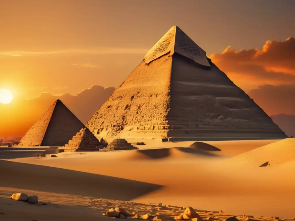 La majestuosidad y misterio de la Gran Pirámide de Giza se revelan en esta imagen 8K al atardecer dorado