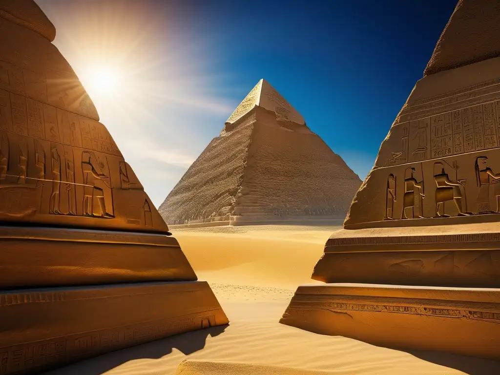 La majestuosidad y misterio de la Gran Pirámide de Giza, bañada por la luz dorada del sol, se alza imponente contra un cielo azul profundo