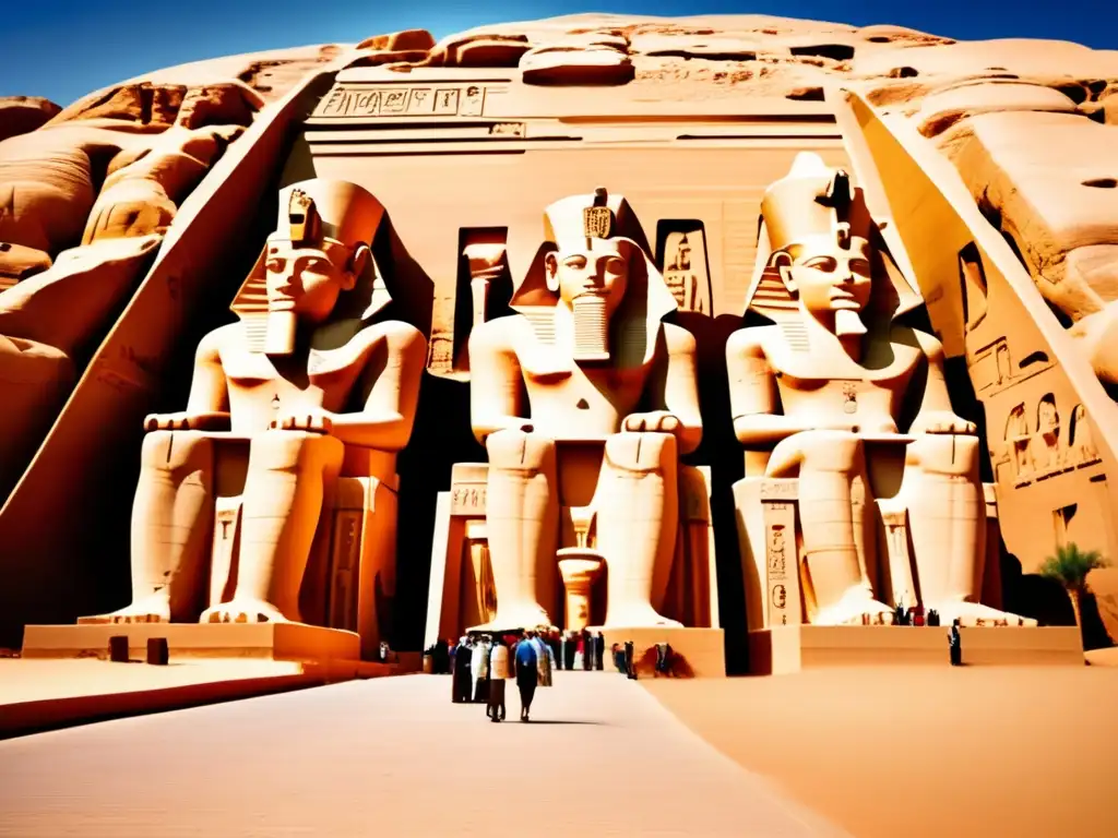 La majestuosidad de las monumentales construcciones de Ramsés II en el complejo del templo de Abu Simbel, evocando admiración y asombro