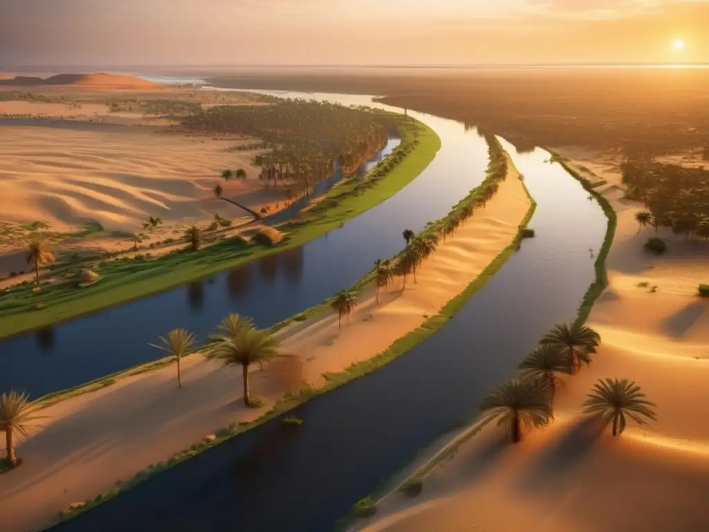 La majestuosidad del Nilo al atardecer en Egipto, con las matemáticas egipcias revelando su importancia en la hidrología