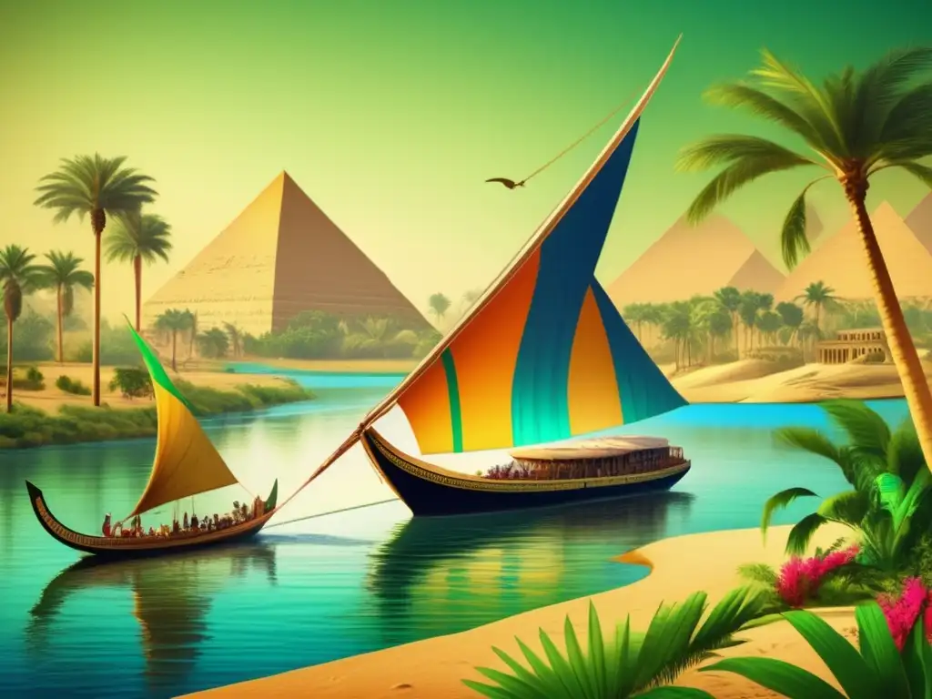 La majestuosidad del Nilo en el comercio antiguo de Egipto: un paisaje verde, palmeras, una felucca navegando y las Pirámides de Giza al atardecer