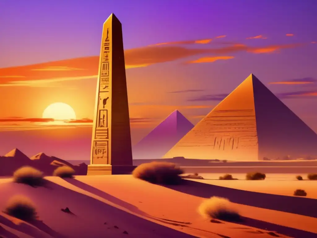 La majestuosidad de un obelisco egipcio bañado por la luz dorada del atardecer en un paisaje desértico