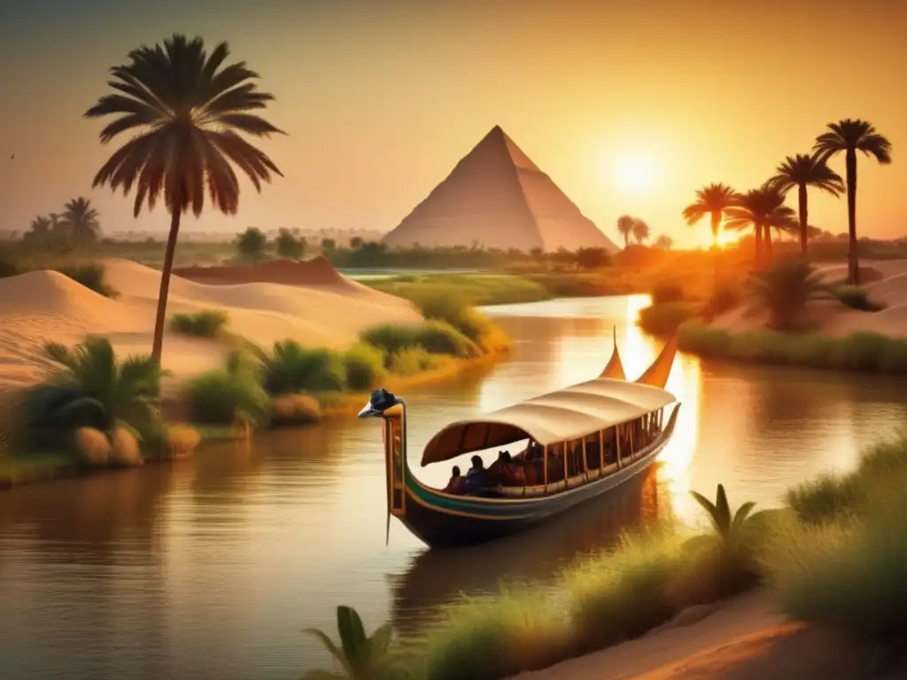 La majestuosidad del Nilo en Egipto: un paisaje antiguo donde el río serpentea entre verdes llanuras, palmeras y una vegetación exuberante