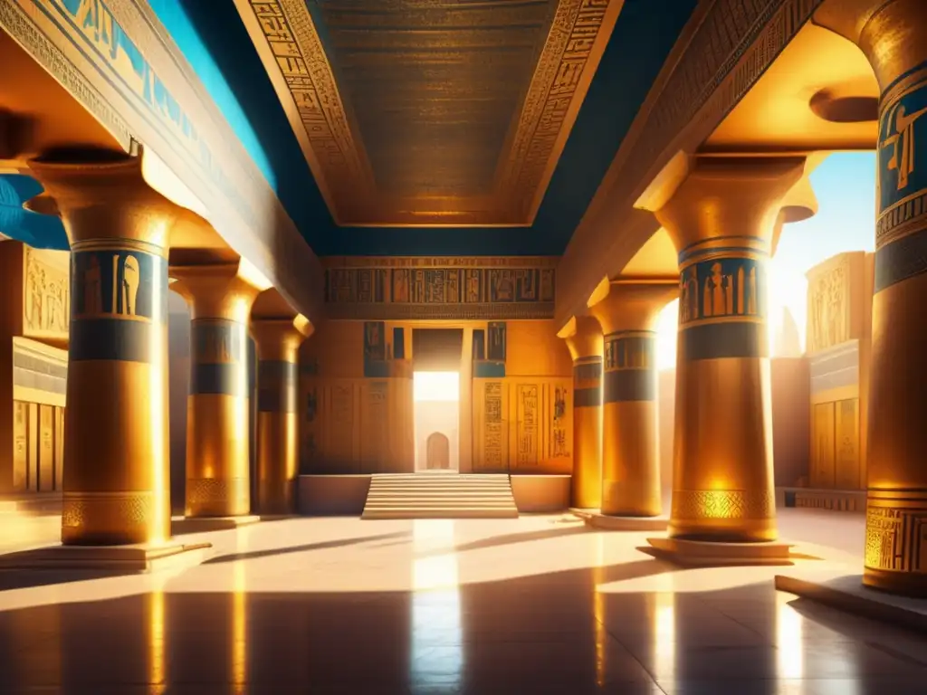 Majestuosidad en un palacio faraónico del antiguo Egipto: una habitación opulenta con columnas talladas, jeroglíficos y pinturas vívidas