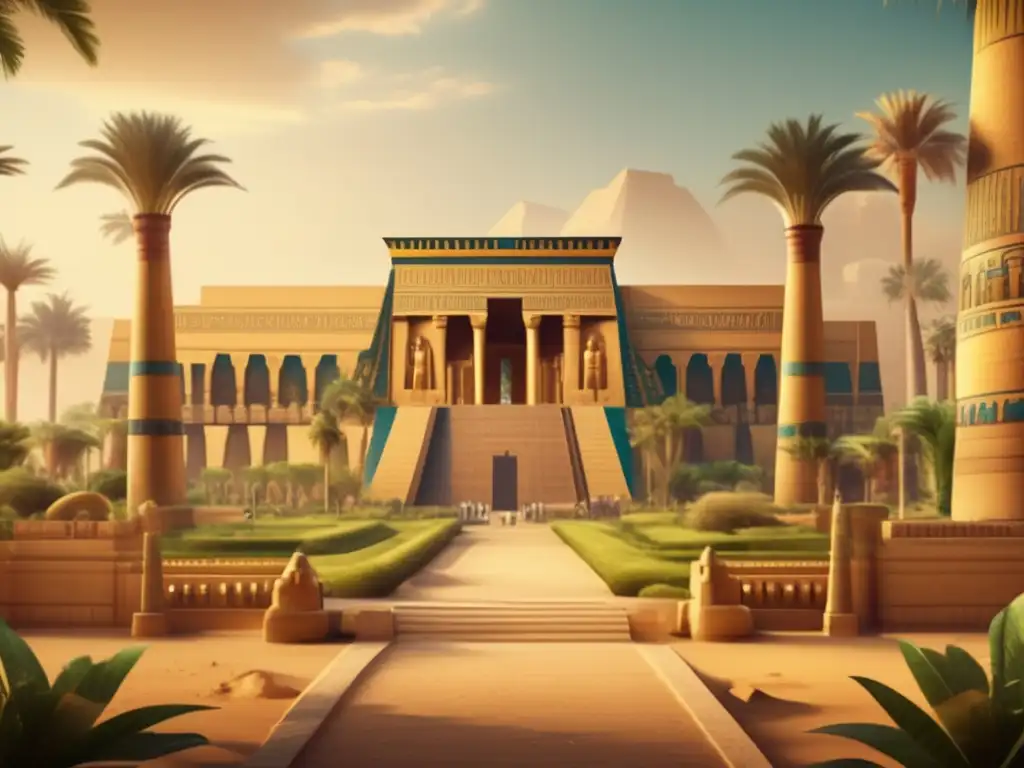 Explora la majestuosidad de los palacios faraónicos del Antiguo Egipto con sus jardines exuberantes, pilares imponentes y detalles arquitectónicos