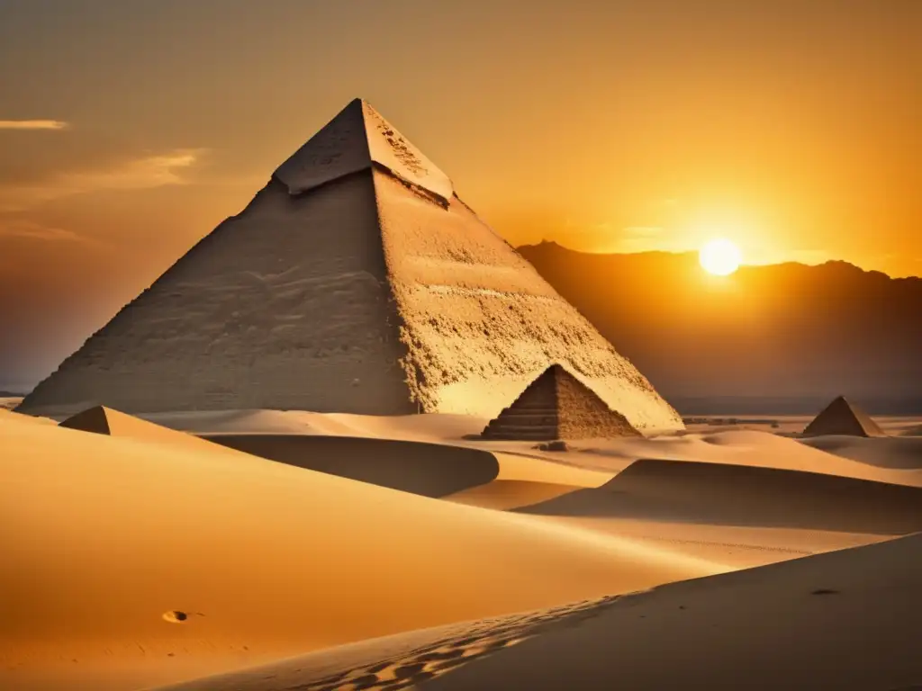 La majestuosidad de la pirámide de Giza emerge en el desierto, mientras el sol dorado se pone detrás