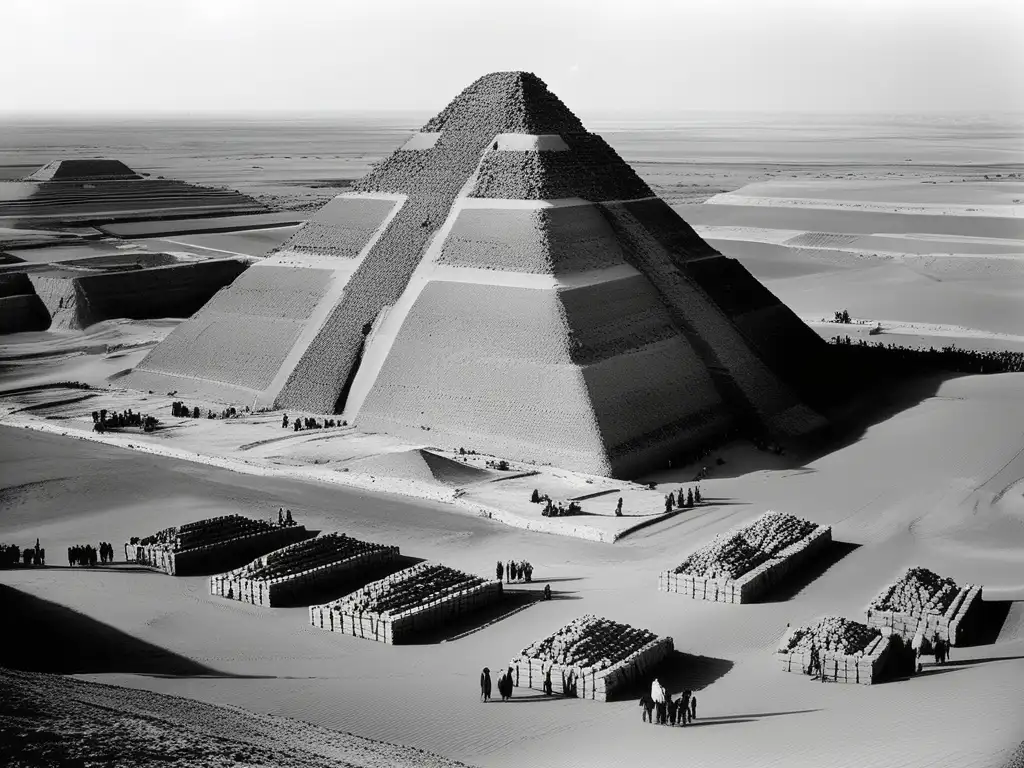 La majestuosidad de la Pirámide de Meidum en construcción, mientras los laboriosos trabajadores colocan meticulosamente los bloques de piedra